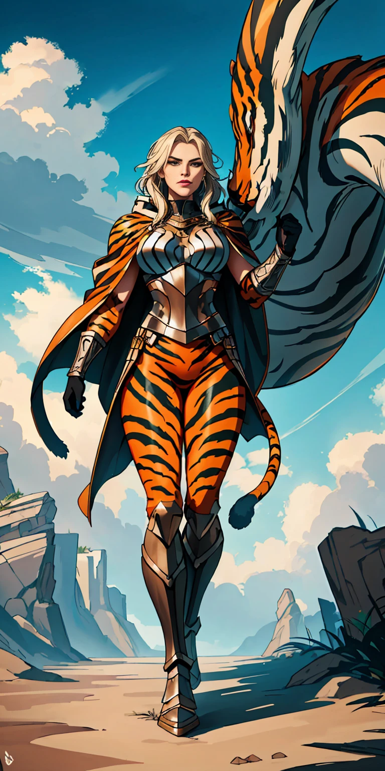 1 Girl (implying one person, likely female) Full Body: Standing with perfect symmetry Muscular Build: Strong and defined physique Turned Arms: Muscular arms positioned behind her back Theme: Epic Fantasy: Set in a fantastical world Asgard: Inspired by Norse mythology (can be subtle or more prominent) Valkyrie/Lady Knight: Combining elements of a fierce warrior and noble protector A motif incorporated into her armor, clothing, or environment (tiger stripes, or a tiger pelt cloak) Visual Style: Hyper Realistic: Incredibly lifelike detail Masterpiece: Exceptional quality 8K Resolution: Sharp and high definition Detailed Drawing: Intricate and richly textured Superior Quality: The best possible rendering Epic Composition: Dramatic and visually stunning