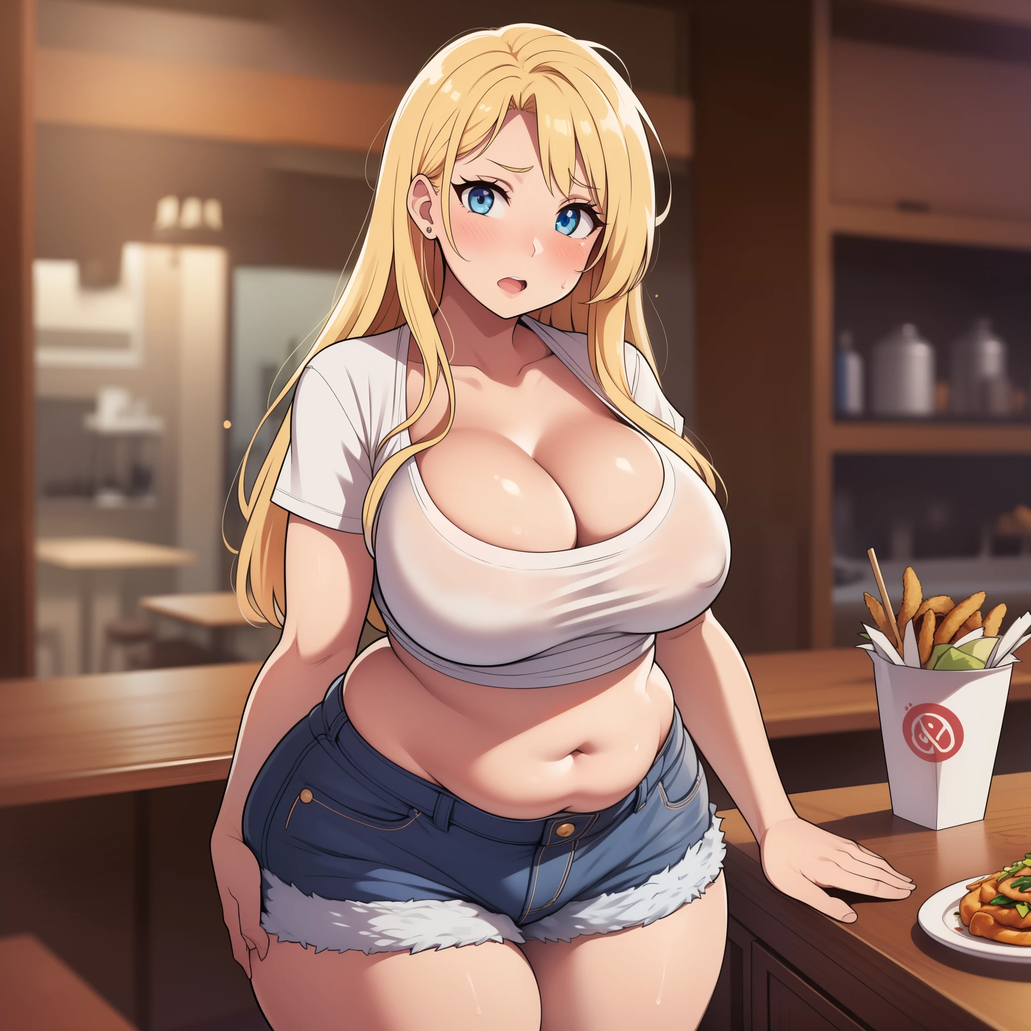 ((highres)), Masterpiece, high quality, best quality, beautiful, perfect lighting, detailed face, ultra cute face, ((1girl)), ((solo)), ((blush)), (embarrassed), looking at viewer, blonde hair, blue eyes, crop top and shorts, skindentation, full body, fast food restaurant, large breasts, perky breasts, cleavage, ((wide hips)), (((thick thighs))), ((plump)), chubby belly, fat folds, standing, arms behind back, embarrassed, table full of food,
