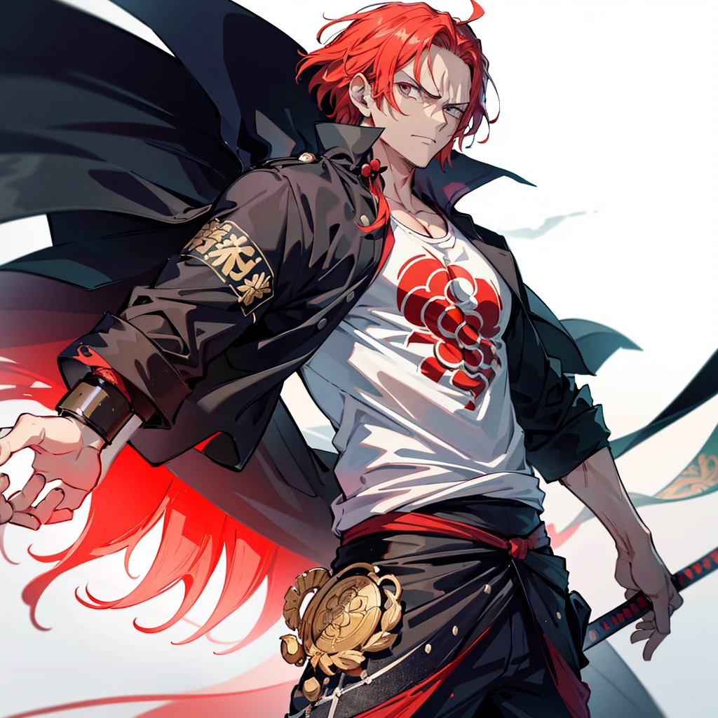 vectorArt, illustration, white background, t-shirt design, streetwear,Create an illustration of akagami shanks from One Piece in a traditional ink drawing style reminiscent of classical East Asian artwork. Use only black ink on a white background for a high-contrast effect, with intricate lines and hatching to add depth and texture, focusing on shanks facial features, hair, and clothing details. Employ varied brush strokes for a dynamic and expressive quality, emphasizing shanks's rugged and intense expression. Highlight the texture of materials such as the roughness of his skin, the smoothness of his swords, and the details of his outfit. Use cross-hatching and varied line density for shading to create a sense of volume and three-dimensionality. Draw inspiration from traditional Japanese samurai portraits to depict shanks with his signature attire, including his haramaki, long coat, and three swords,three scratch mark on left eye capturing his confident and fierce demeanor with lifelike detail and emotional intensity.