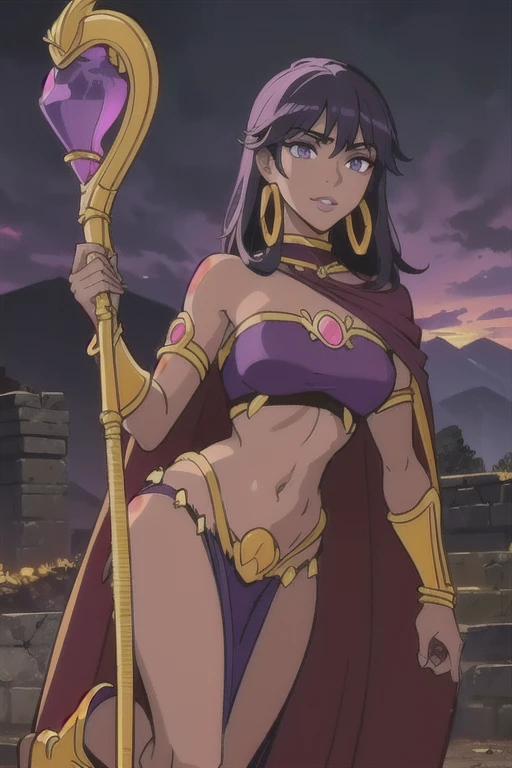 Fantasy style, Fantasy environment, A beautiful young sorceress (1 girl), dark-skinned female, with long purple flowing hair, purple eyes, purple iris, mascaras purple eyeshadow, smile, purple lipstick, skin covered in purple markings, ((Wearing: golden ringed earrings, purple cape, purple strapless top, purple loincloth, pelvic curtain, golden armlets, golden boots)), ((Holding a golden staff)), looking mature and alluring at 28 years old, (detailed eyes, detailed lips, extremely detailed face), intricate detailed portrait, photo realistic, 8k, highly detailed, cinematic lighting, warm color palette, castle ruins background, detailed foliage, golden hour lighting, dramatic lighting, dramatic pose, sensual, alluring, captivating gaze, masterpiece, (Night time, ethereal and magical atmosphere, outdoors, dark clouds in the sky, purple lighting, purple and magenta aroura's in the surroundings, gorgeous view of the mountains)
