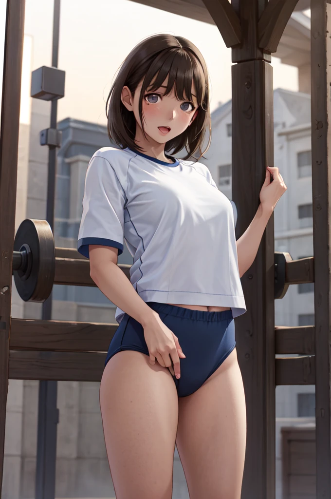 masterpiece, best quality, highres, aanene, short hair, buruma,gym uniform, standing, cowboy shot, outdoors, ahegao,nsfw,