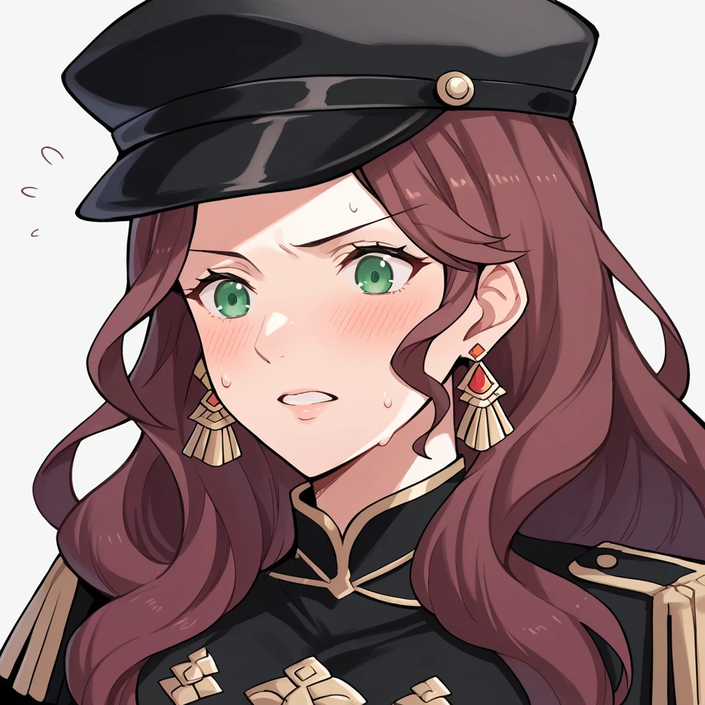 score_9, score_8_up, score_7_up, source_anime, Dorothea (Fire Emblem), bust shot, close-up, black headwear, (black long-sleeve uniform), brown hair, dangle earrings, gold trim, green eyes, jewelry, large breasts, long hair, black peaked cap, black hat, look down, aroused facial expression, slightly-open eyes, teeth, blush, sweat