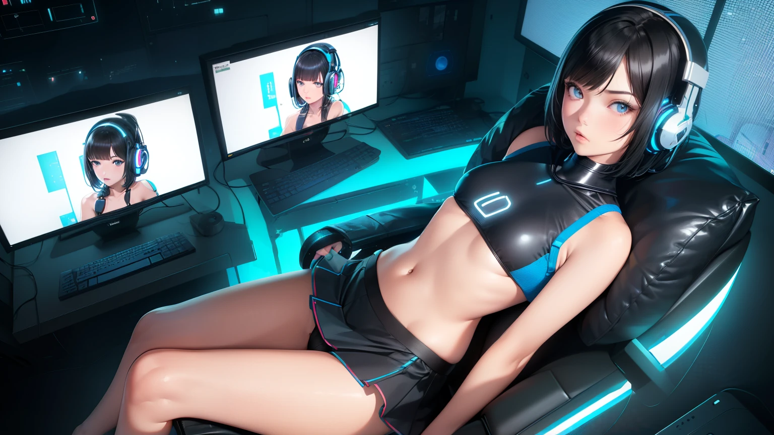 (ultra realistic, girl, short black hair, headphones, sitting, slumped in an armchair, in a futuristic cabin, surrounded by monitors, and olographic screens , view from above, blue lights, flat chest, . She looks with disgust, mini-skirt, visible panties.
