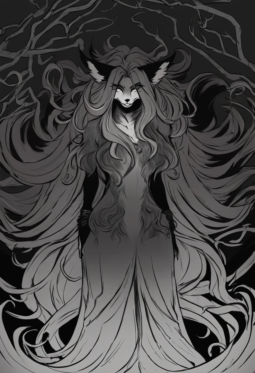 Create a full-body illustration of an anthropomorphic fox woman with elegant long hair and five distinct, bushy tails. The character should exude a sinister and mischievous aura, with a snickering, sinister expression that highlights her cunning and devious nature