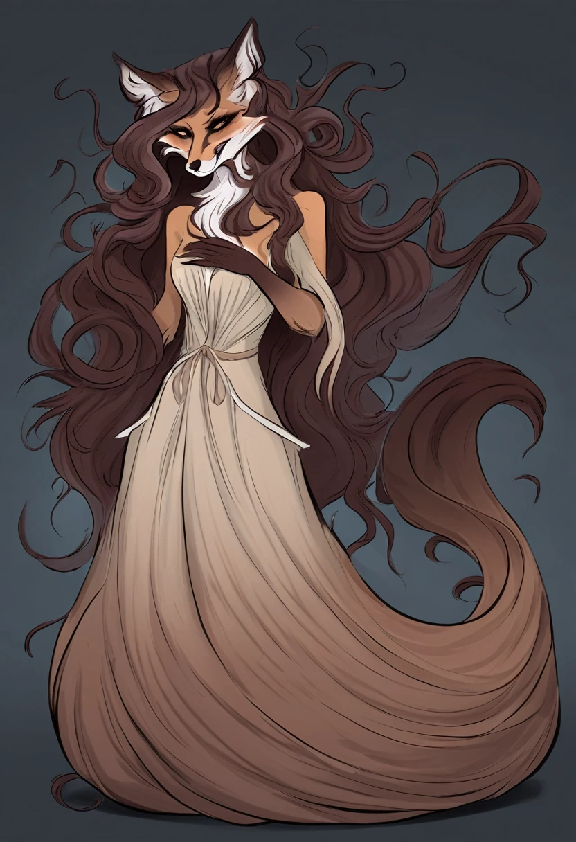 Create a full-body illustration of an anthropomorphic fox woman with elegant long hair and five distinct, bushy tails. The character should exude a sinister and mischievous aura, with a snickering, sinister expression that highlights her cunning and devious nature