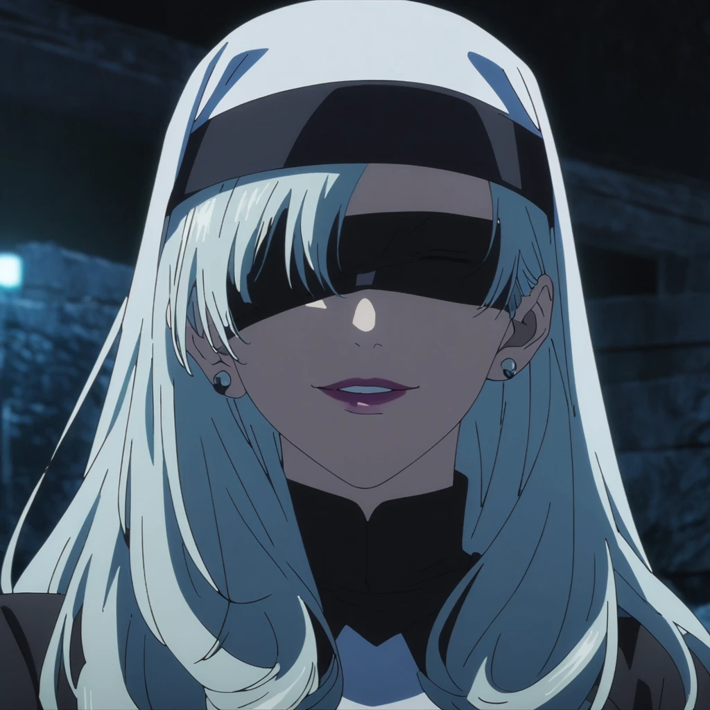 1girl, female gojo satoru, anime screencap from jujutsu kaisen, gojo satoru female version, solo, long_hair, ((wearing black blindfold)) ((high resolution)) ((white_hair)), night view, (hanging breasts) upper_body, smile, lips, (long hair, side bangs) ((wearing black color nun outfit )) breast, "very detailed and high resolution" (black blindfold) ((solo)) (((front view))) (earings) ((high resolution)) ((good quality)) ((silky hair))