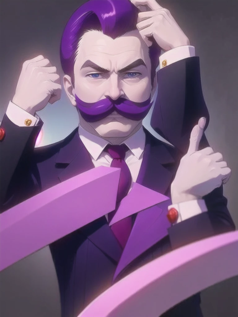  haltmann, purple hair, purple mustache, arms, wearing a dark blue suit with pink vertical lining, pink shirt, red tie, black shoes, gold suit button with a red diamond, pale purple gloves, pink cuffs, pale purple skin, blue eyes, golden earpiece with antenna