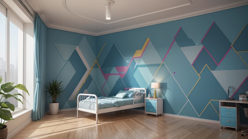 make a long hospital wall with colorful geometric designs in shades of blue ((no reliefs))