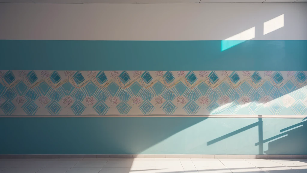 make a long hospital wall with colorful geometric designs in shades of blue ((no reliefs))