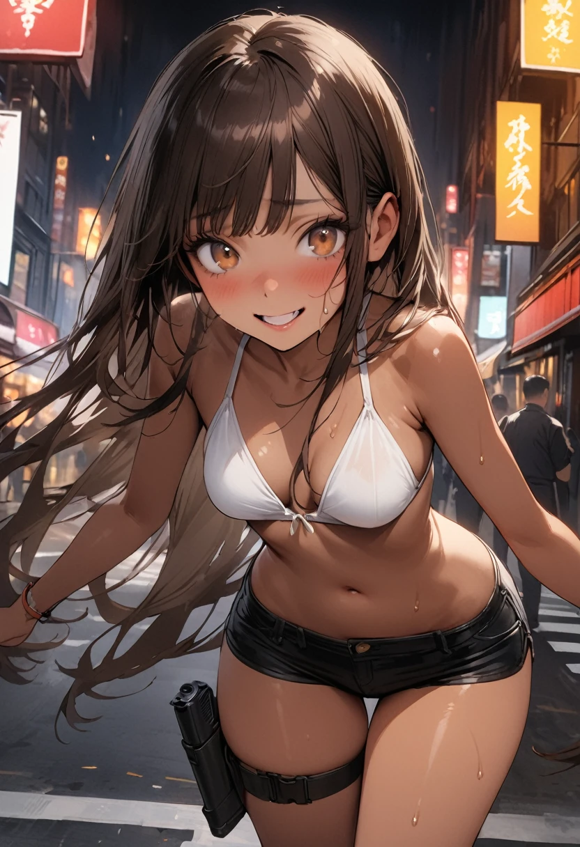 ((masterpiece,Highest quality:1.3,best quality illustration)),realistic,cowboy shot,独奏,1woman,(25 year old beauty),dark brown hair,long hair,bangs,brown eyes,(gorgeous big eyes),((very small head:1.3)),shy,smile,((very long body:1.2,skinny)),(tan skin),medium breasts,White Bikini、Black leather micro shorts、Leg Holster、Pistol,sweat,gleaming skin,slender body,standing,on street,neon、New York City、