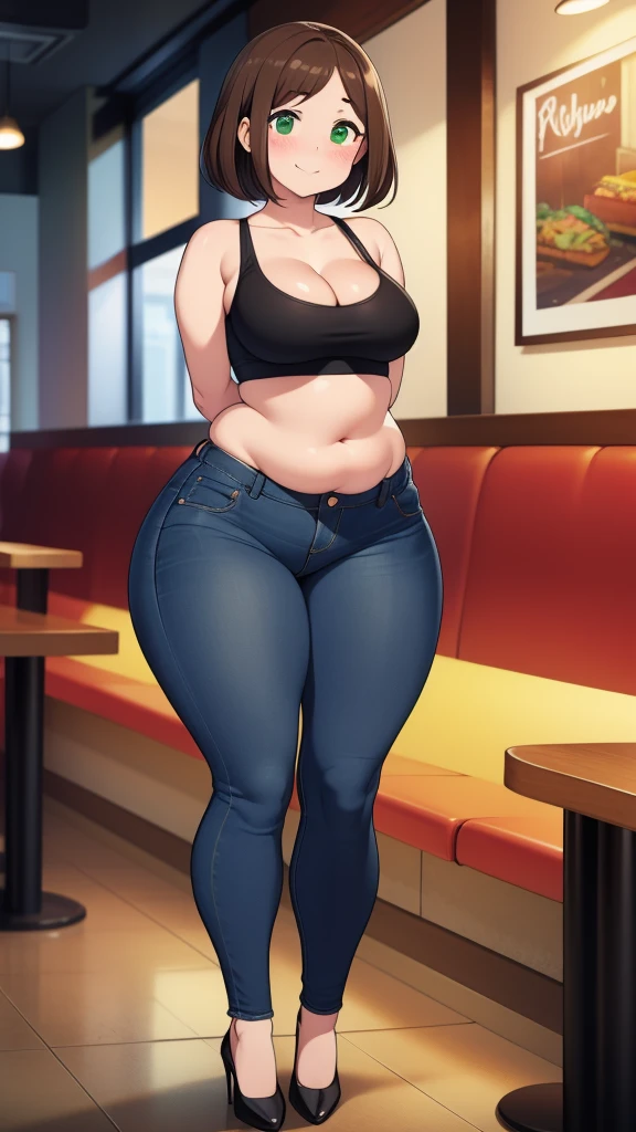((highres)), Masterpiece, high quality, best quality, beautiful, perfect lighting, detailed face, ultra cute face, looking at viewer, on a date, ((blush)), affectionate smile, ((1girl)), ((solo)), brown hair, fluffy hair, green eyes, jeans, crop top, tight clothes, fast food restaurant, medium breasts, cleavage, wide hips, ((thick thighs)), ((chubby)), chubby belly, standing, arms behind back, leaned over, cute pose,