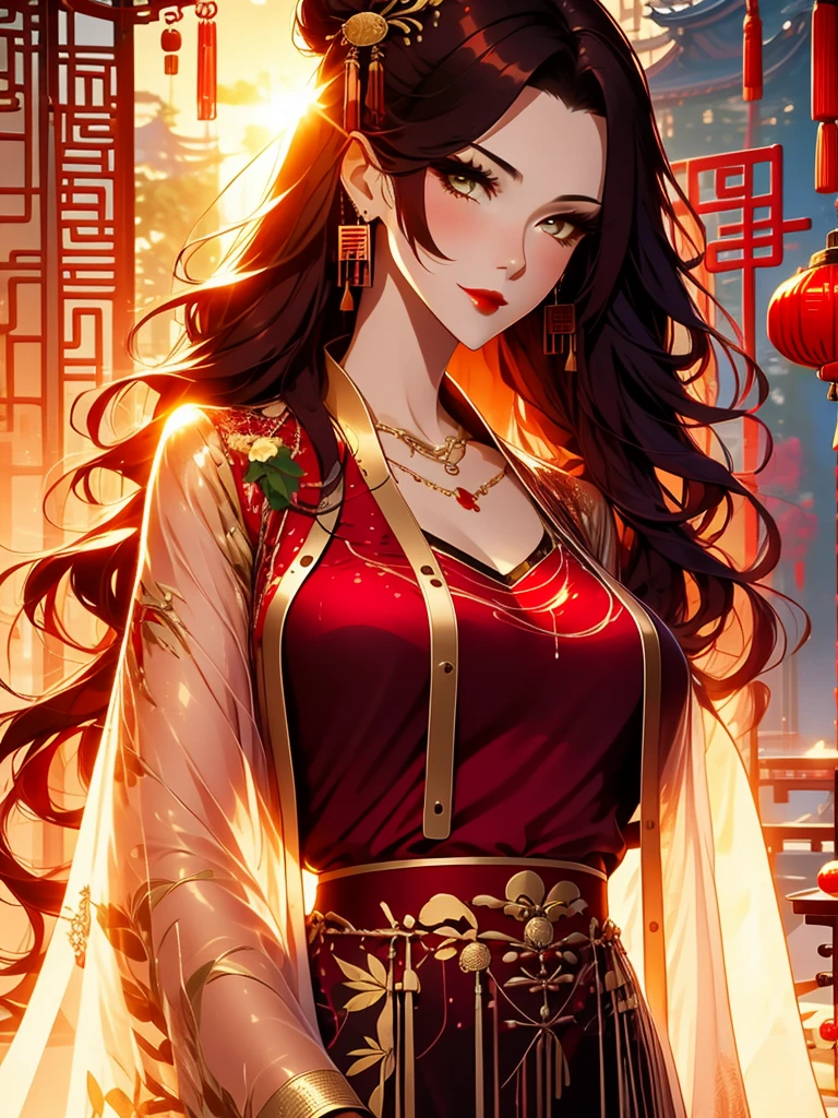 score_9, score_8_up, score_7_up, score_6_up, score_5_up, score_4_up, Xian Mei, golden eyes, red curly hair, tied hair, hair in a bun, hairpin, traditional Chinese red wedding hanfu dress, Yourqipao Red Embroidery Chinese Xiuhe Hanfu Women's Satin Cheongsam Ancient Traditional Chinese Bride , Wedding Dress, Long Dresses, long earrings, red lipstick, detailed eyes, traditional wear, sexy attractive, hot, traditional, smiling, happy, blush, red veil,