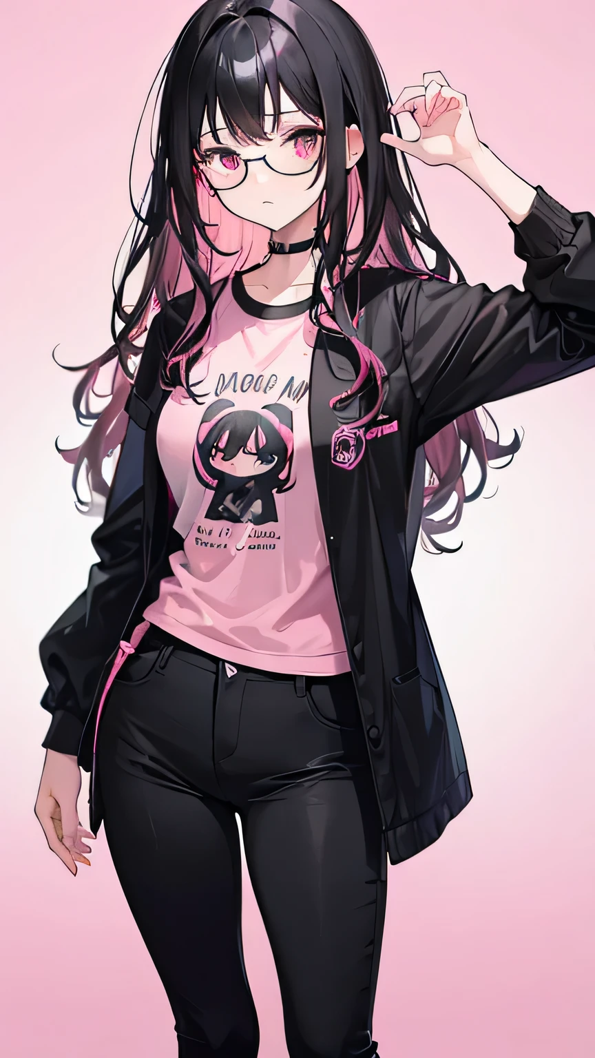 Beautiful Woman, Wavy Black Hair with Pink Highlights, Big Pink Eyes, Round Glasses, Small Nose, Medium Breasts, Black Shirt, Black Pants, Looking Foward, Standing Pose, Neutral Face Expression