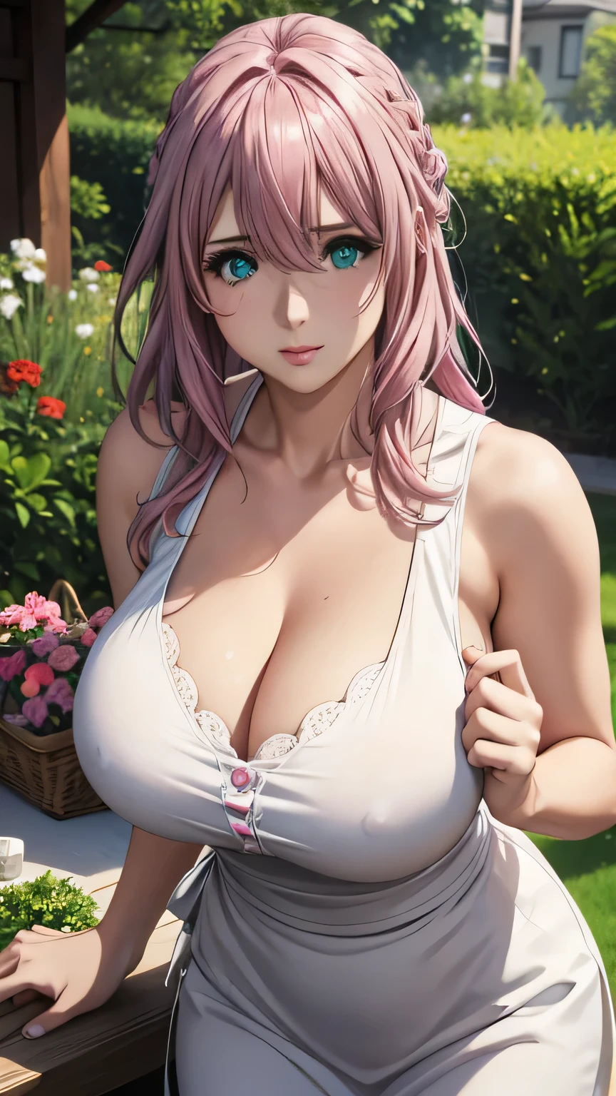 Large breasts, Cute girl, big sized breast, white apron, sleeveless, ultra realistic eyes , garden outside, pink cooler hair, bright green eyes, ultra realistic detailed eyes, innocent eyes, looking at camera, long hair,