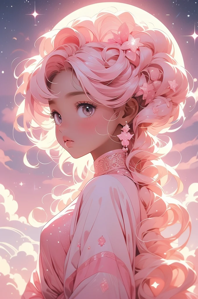 a pink moon in the sky with clouds and stars, pink moon, ☁🌪🌙👩🏾, giant pink full moon, ✨🕌🌙, heaven pink, pink skies, beautiful as the moon, pink clouds, the sky is pink, moon in the sky, ❤🔥🍄🌪, pink sky, dreamy ethereal vibe