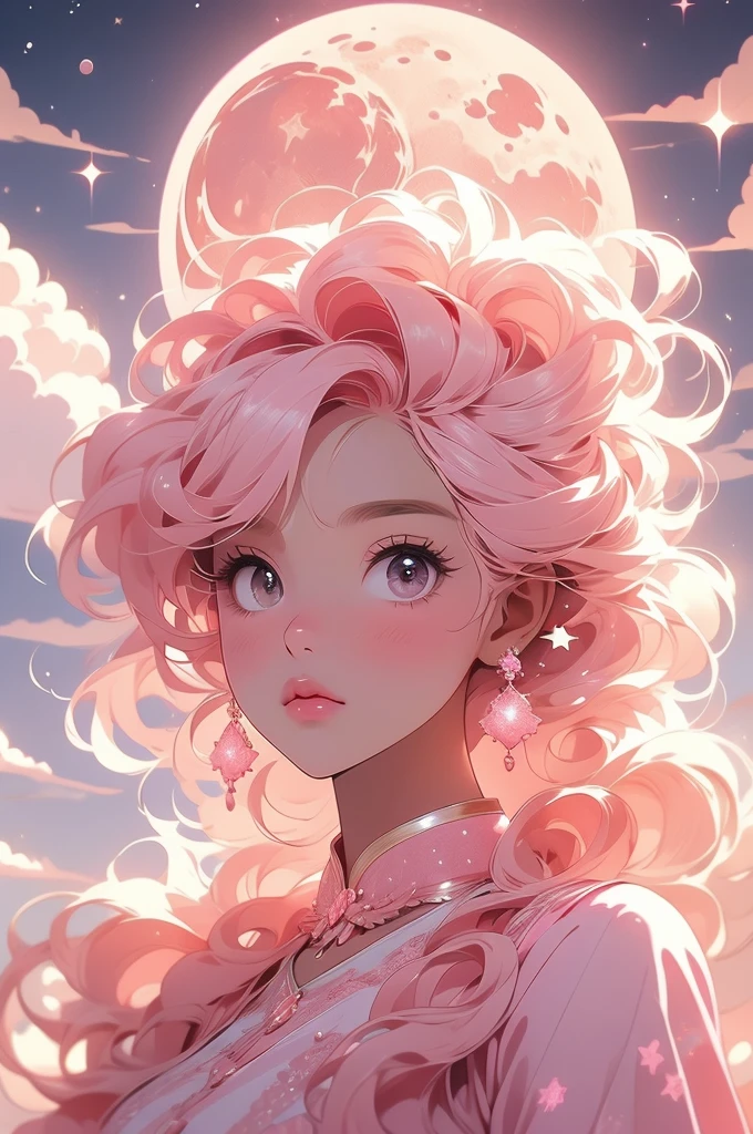 a pink moon in the sky with clouds and stars, pink moon, ☁🌪🌙👩🏾, giant pink full moon, ✨🕌🌙, heaven pink, pink skies, beautiful as the moon, pink clouds, the sky is pink, moon in the sky, ❤🔥🍄🌪, pink sky, dreamy ethereal vibe
