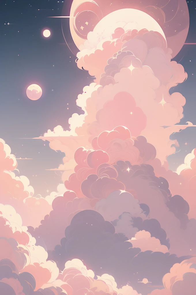 a pink moon in the sky with clouds and stars, a picture by Anna Haifisch, trending on unsplash, aestheticism, pink moon, ☁🌪🌙👩🏾, giant pink full moon, ✨🕌🌙, heaven pink, pink skies, beautiful as the moon, pink clouds, the sky is pink, moon in the sky