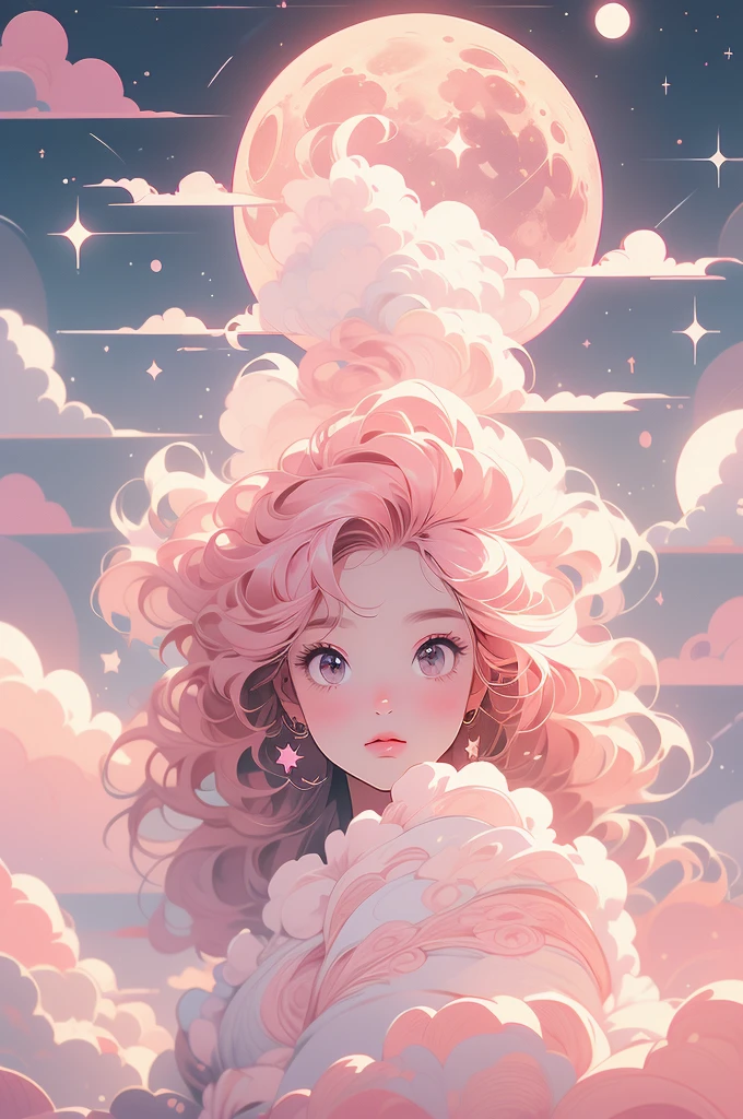 a pink moon in the sky with clouds and stars, a picture by Anna Haifisch, trending on unsplash, aestheticism, pink moon, ☁🌪🌙👩🏾, giant pink full moon, ✨🕌🌙, heaven pink, pink skies, beautiful as the moon, pink clouds, the sky is pink, moon in the sky