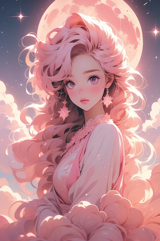 a pink moon in the sky with clouds and stars, a picture by Anna Haifisch, trending on unsplash, aestheticism, pink moon, ☁🌪🌙👩🏾, giant pink full moon, ✨🕌🌙, heaven pink, pink skies, beautiful as the moon, pink clouds, the sky is pink, moon in the sky