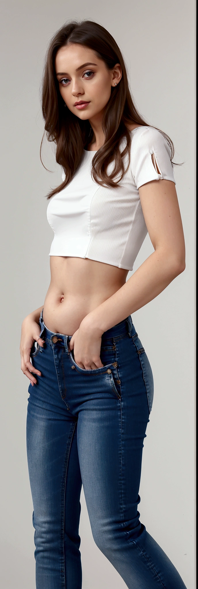 a woman in a white blouse and jeans is standing, smallest belly ever, exposed belly, nude belly, thin girl model photo, her belly button is exposed, Waist slender, beautiful belly, usando um top cropped sexy, Waist slender, Physicist : smallest belly ever, exposed belly