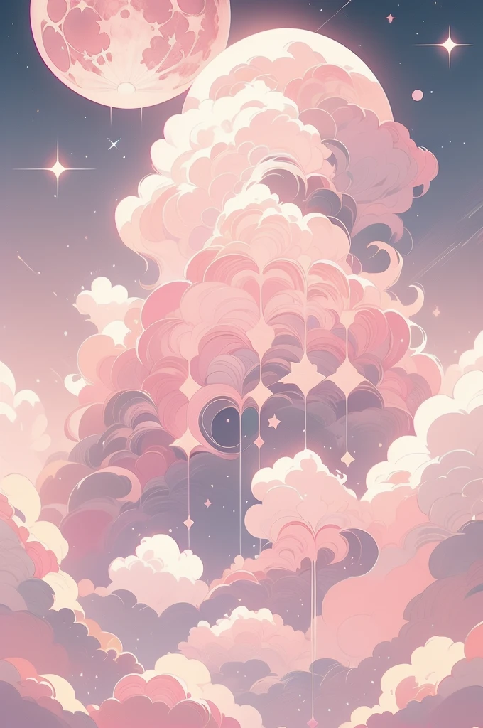a pink moon in the sky with clouds and stars, a picture by Anna Haifisch, trending on unsplash, aestheticism, pink moon, ☁🌪🌙👩🏾, giant pink full moon, ✨🕌🌙, heaven pink, pink skies, beautiful as the moon, pink clouds, the sky is pink, moon in the sky