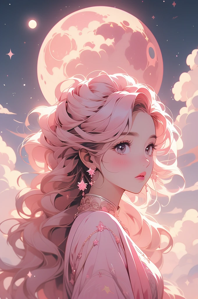 a pink moon in the sky with clouds and stars, a picture by Anna Haifisch, trending on unsplash, aestheticism, pink moon, ☁🌪🌙👩🏾, giant pink full moon, ✨🕌🌙, heaven pink, pink skies, beautiful as the moon, pink clouds, the sky is pink, moon in the sky
