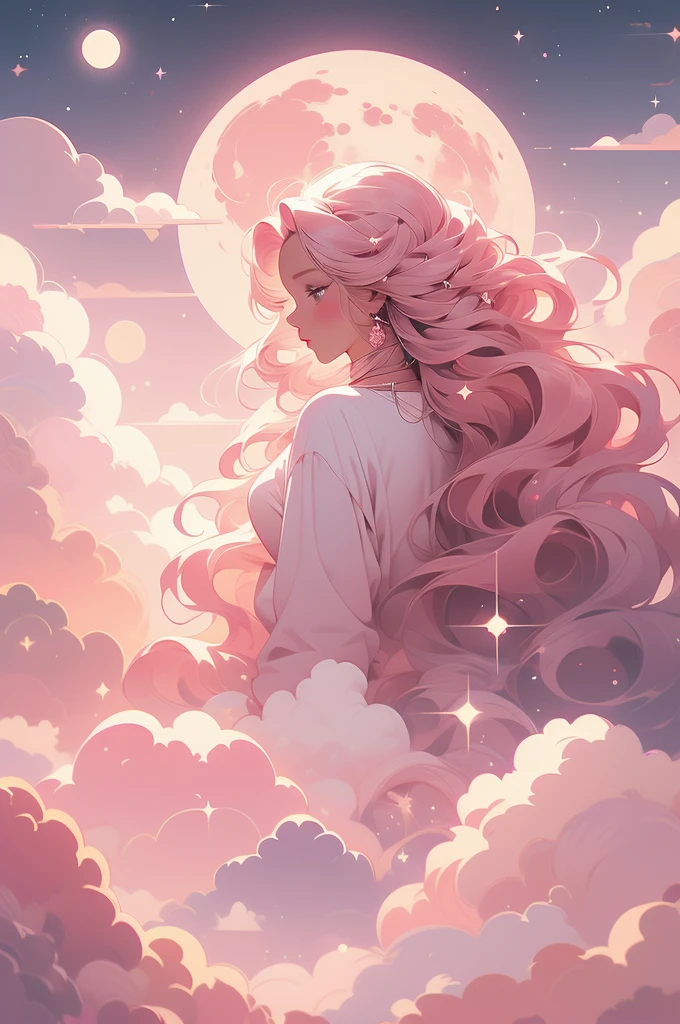 a pink moon in the sky with clouds and stars, a picture by Anna Haifisch, trending on unsplash, aestheticism, pink moon, ☁🌪🌙👩🏾, giant pink full moon, ✨🕌🌙, heaven pink, pink skies, beautiful as the moon, pink clouds, the sky is pink, moon in the sky