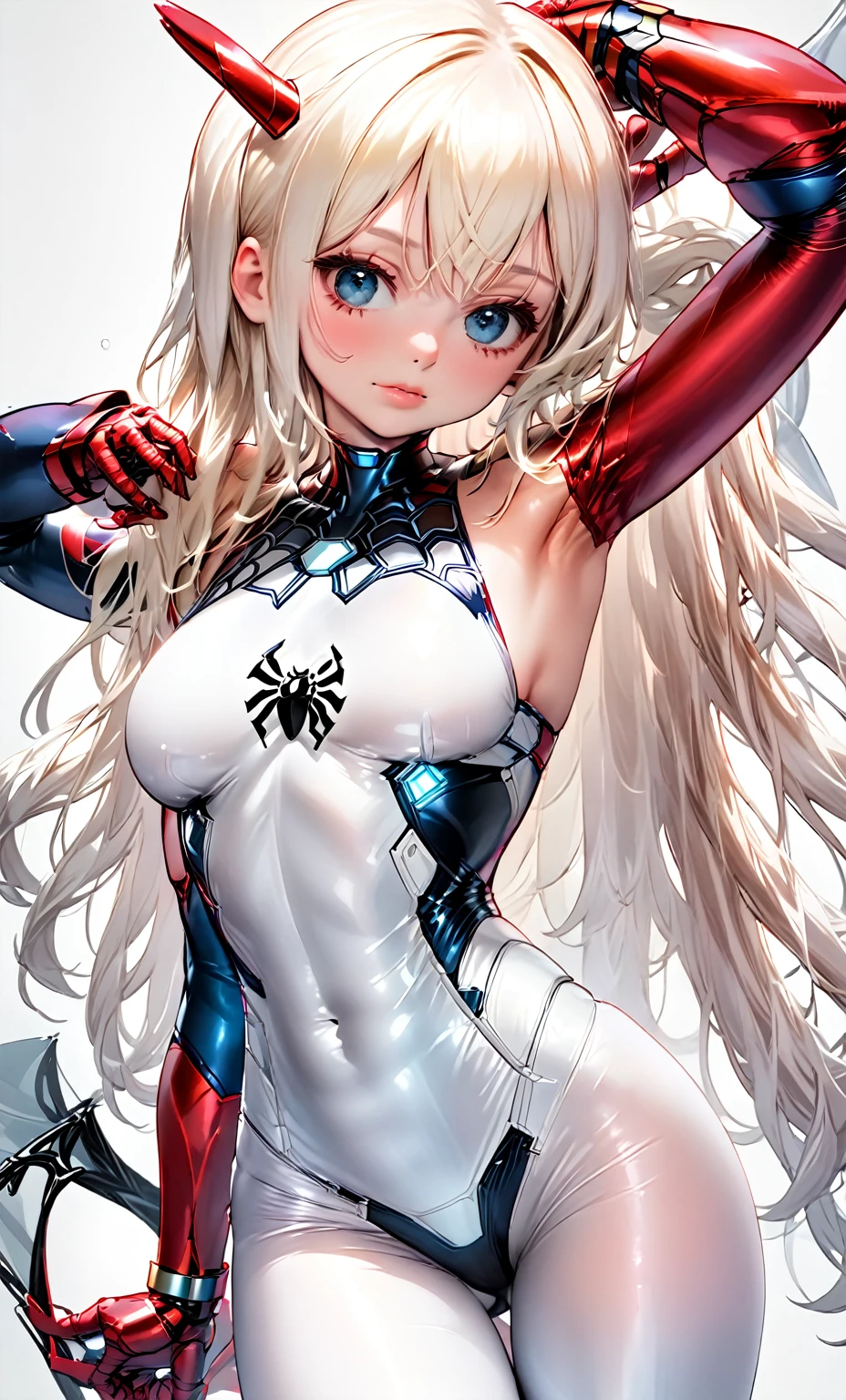 a beautiful detailed white iron man cosplay girl, 1 girl, extremely detailed face and eyes, long hair, big breasts, white skin, black spider man symbol in costume, 8k, best quality, high resolution, artwork prime, realistic, photo-realistic, studio lighting, vivid colors, hyper detailed, scenery that matches the details of the character..