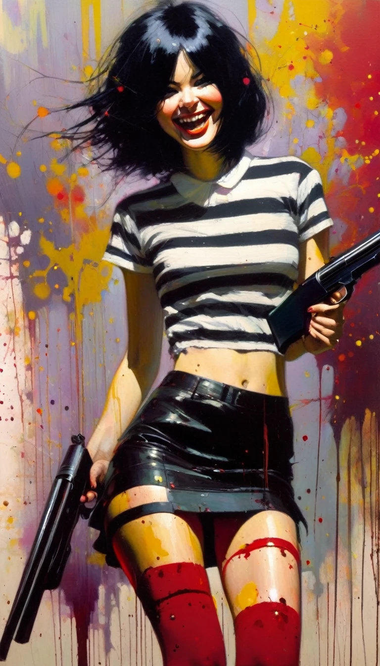 Girl with black hair, miniskirt and t-shirt, striped stockings, pronounced nipples, smiles, holding a shotgun, face splattered with blood, (art inspired by Bill Sienkiewicz). oil painting)