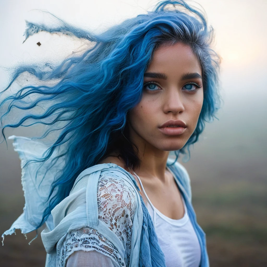 1 fille, beautiful biracial woman, blue hair, blue eyes, in the fog, Torn clothes