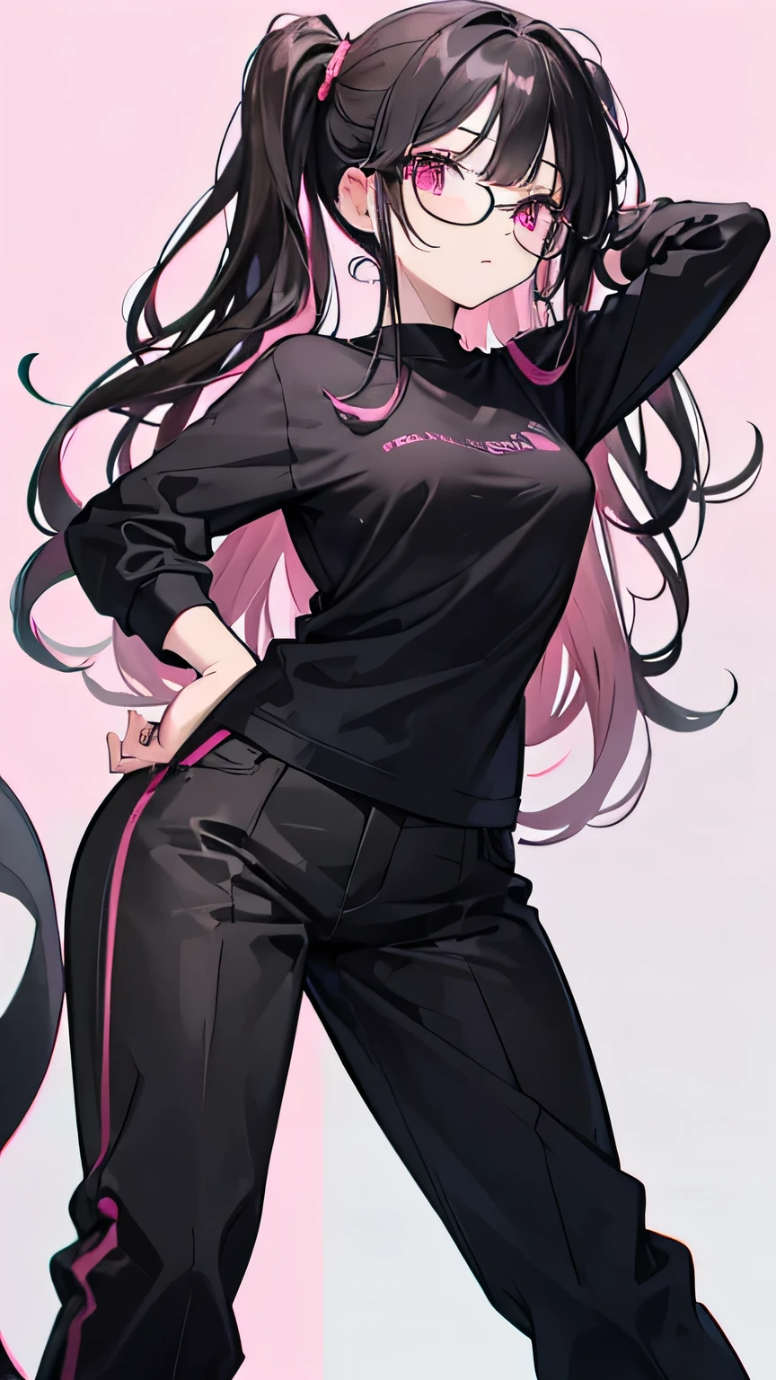 Beautiful Woman, Wavy Black Hair with Pink Highlights, Big Pink Eyes, Round Glasses, Small Nose, Medium Breasts, Black Shirt, Black Pants, Looking Foward, Standing Pose, Neutral Face Expression