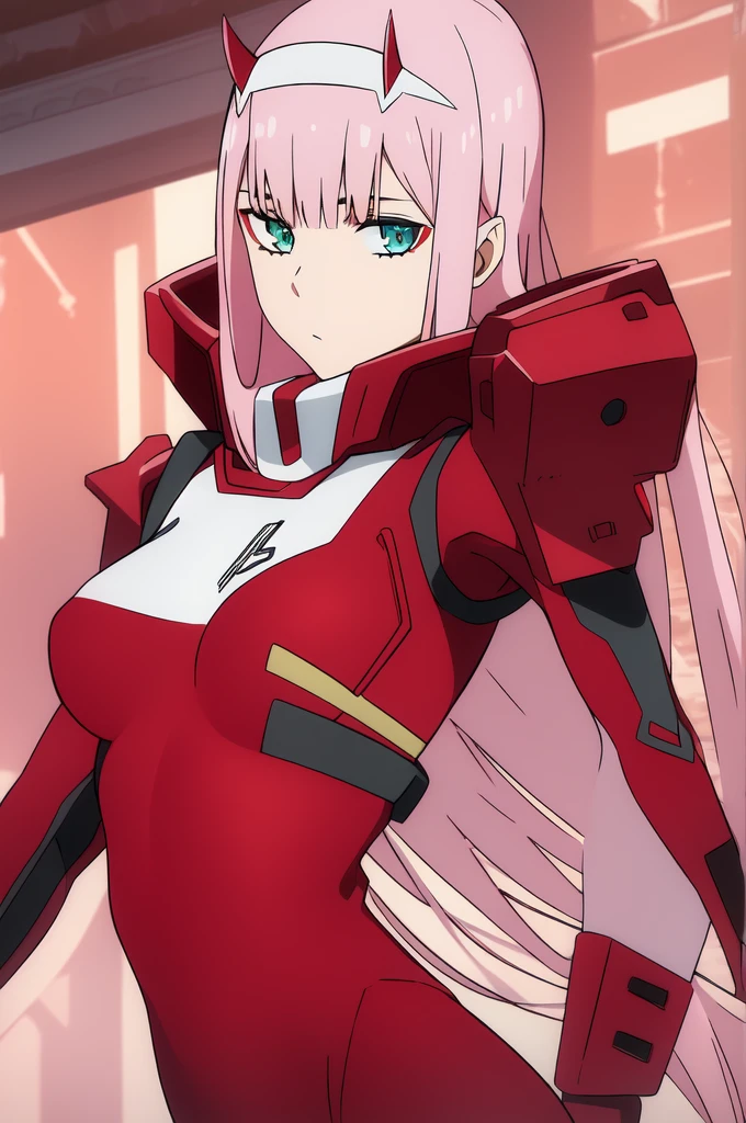 ((best quality)),((highly detailed)),masterpiece,absurdres,detailed face,beautiful face,((detailed eyes, deep eyes)),(1girl),((dynamic pose)),   Zero_Two, green eyes, 1girl, solo, red bodysuit, long hair, pilot suit, pink hair, bodysuit, straight hair, hairband, standing, horns, breasts, bangs, closed mouth, looking at viewer, medium breasts, white hairband, skin tight, blunt bangs, makeup, eyeshadow, very long hair, sidelocks, expressionless, hair between eyes, red horns, shiny hair, from behind