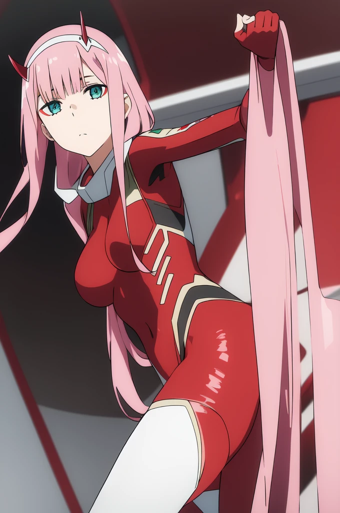 ((best quality)),((highly detailed)),masterpiece,absurdres,detailed face,beautiful face,((detailed eyes, deep eyes)),(1girl),((dynamic pose)), Zero_Two, green eyes, 1girl, solo, red bodysuit, long hair, pilot suit, pink hair, bodysuit, straight hair, hairband, standing, horns, breasts, bangs, closed mouth, looking at viewer, medium breasts, white hairband, skin tight, blunt bangs, makeup, eyeshadow, very long hair, sidelocks, expressionless, hair between eyes, red horns, shiny hair, from behind