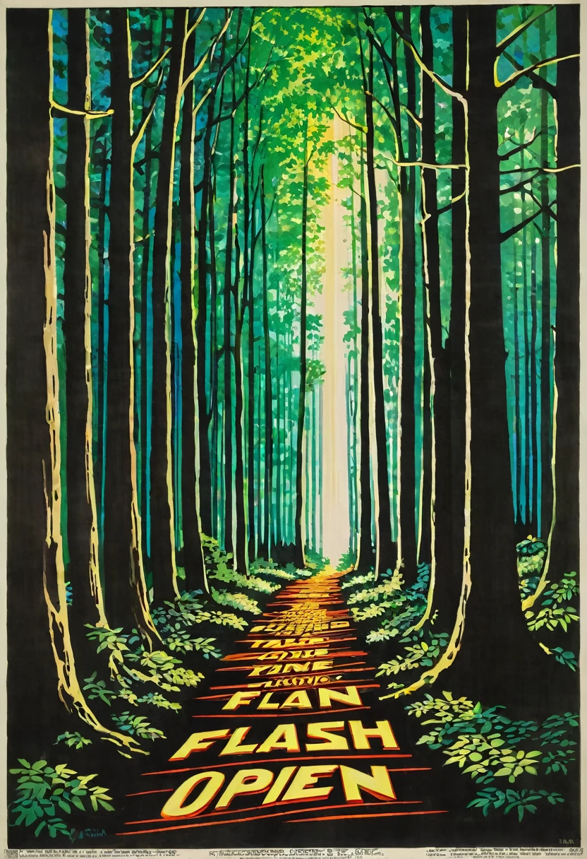 poster for the open air "Flash" taking place in the forest, on the poster forest, corridor to the dance floor, illuminated path, date 27.07