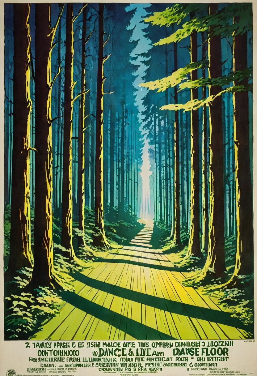 poster for the open air "Flash" taking place in the forest, on the poster forest, corridor to the dance floor, illuminated path, date 27.07