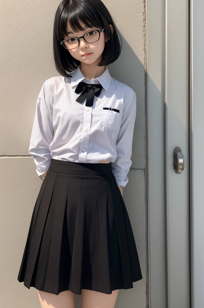 small girl with black hair and bangs with glasses wearing a Japanese skirt