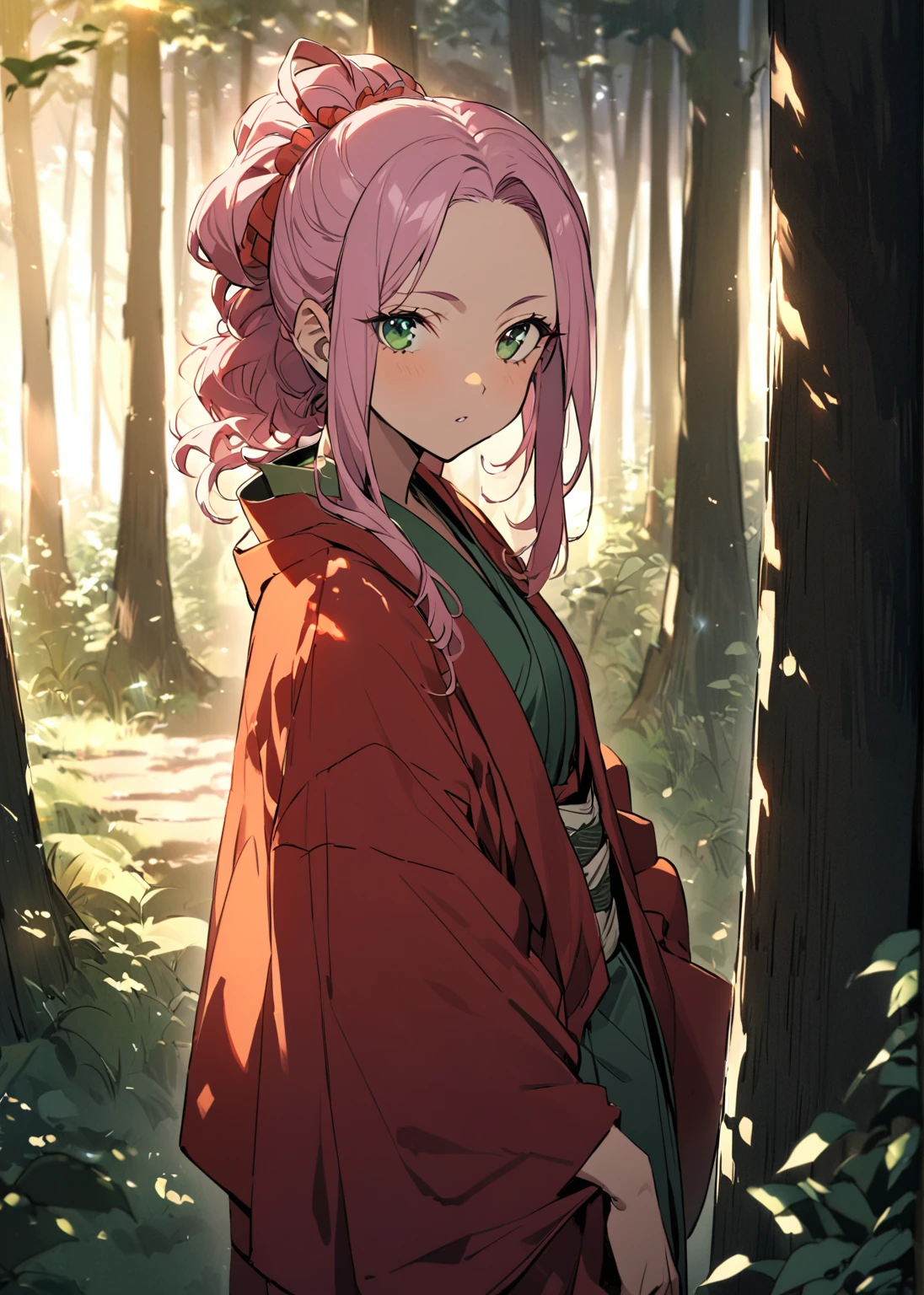 ( The most beautiful masterpiece , Beautiful light , woman ) Kanroji Mitsuri, Kimetsu no Yaiba , green eyes , pink hair green , Single person pic , Light purple yukata , red coat, In the forest , Show the evening sun