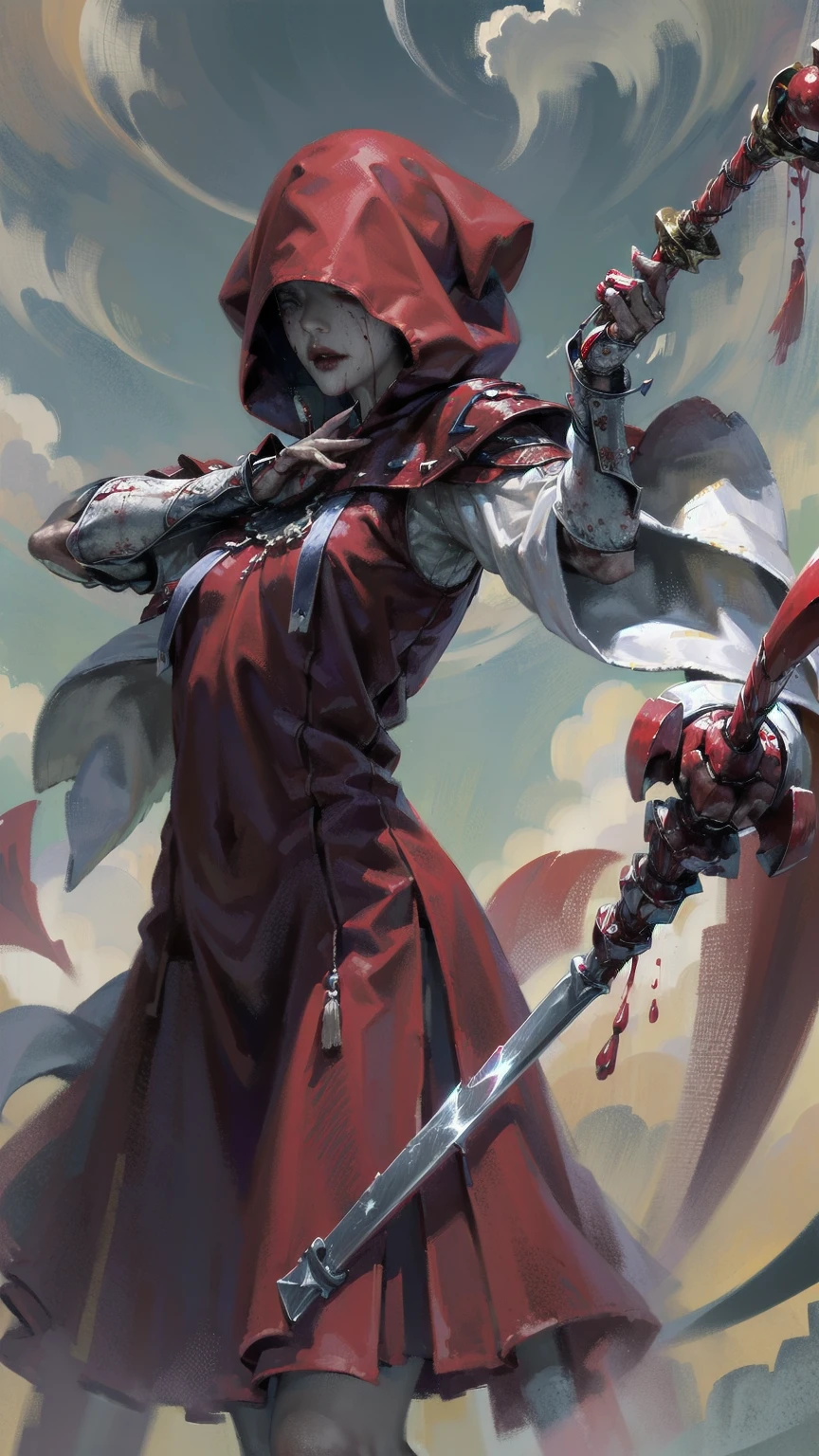 ((blood droplets)), ((blood)), ((blood splatter)), ((blood on clothes)) ((blood stain)), Masterpiece, Superior image quality, high resolution, 4k image,man, hooded, face hidden by the hood, crimson tunic, Wields a long staff with encrusted campaigns