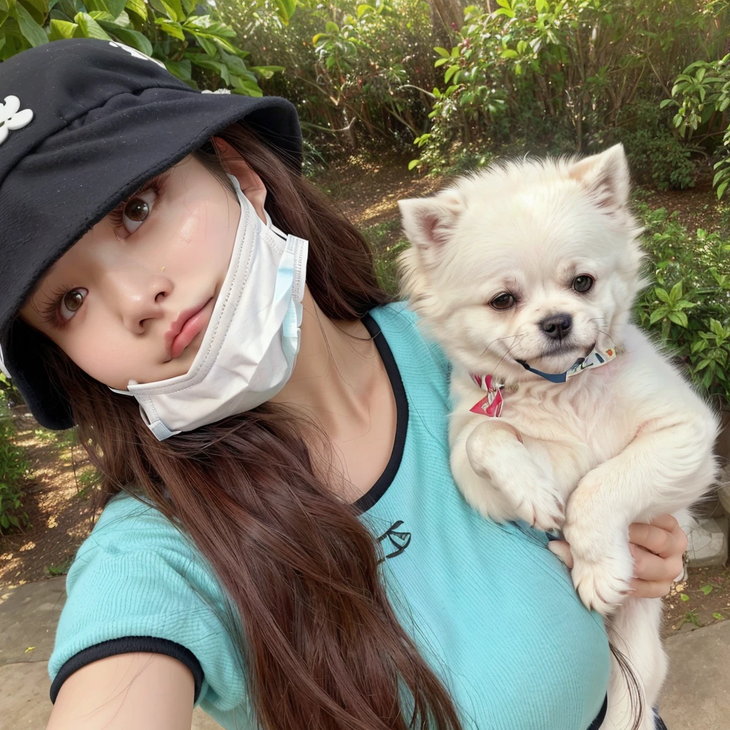 woman wearing a face mask holding a white dog in her arms, lalisa manobal, bae suzy, ulzzang, jennie blackpink, with dogs, Lalisa Manoban do Blackpink, tzuyu from twice, jossi do blackpink, with ivy, heonhwa choe, Parque Ji-min, Chiho, with kitsune mask, #oc