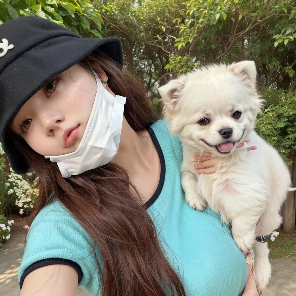 woman wearing a face mask holding a white dog in her arms, lalisa manobal, bae suzy, ulzzang, jennie blackpink, with dogs, Lalisa Manoban do Blackpink, tzuyu from twice, jossi do blackpink, with ivy, heonhwa choe, Parque Ji-min, Chiho, with kitsune mask, #oc