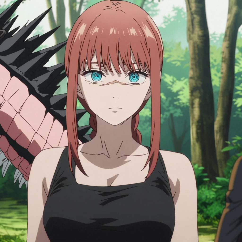 1girl, makima , (makima from Chainsaw man), (anime screen cap), (chainsaw man art style) ((black_hair colour)), breasts, dress, looking_at_viewer, (long_hair, straight hair), dragon, ringed_eyes, black_dress, cleavage, (blue_eyes), bangs, scar, nature, outdoors, tree, solo, upper_body, forest, sleeveless, expressionless, closed_mouth, sleeveless_dress, scar_on_face, bare_shoulders