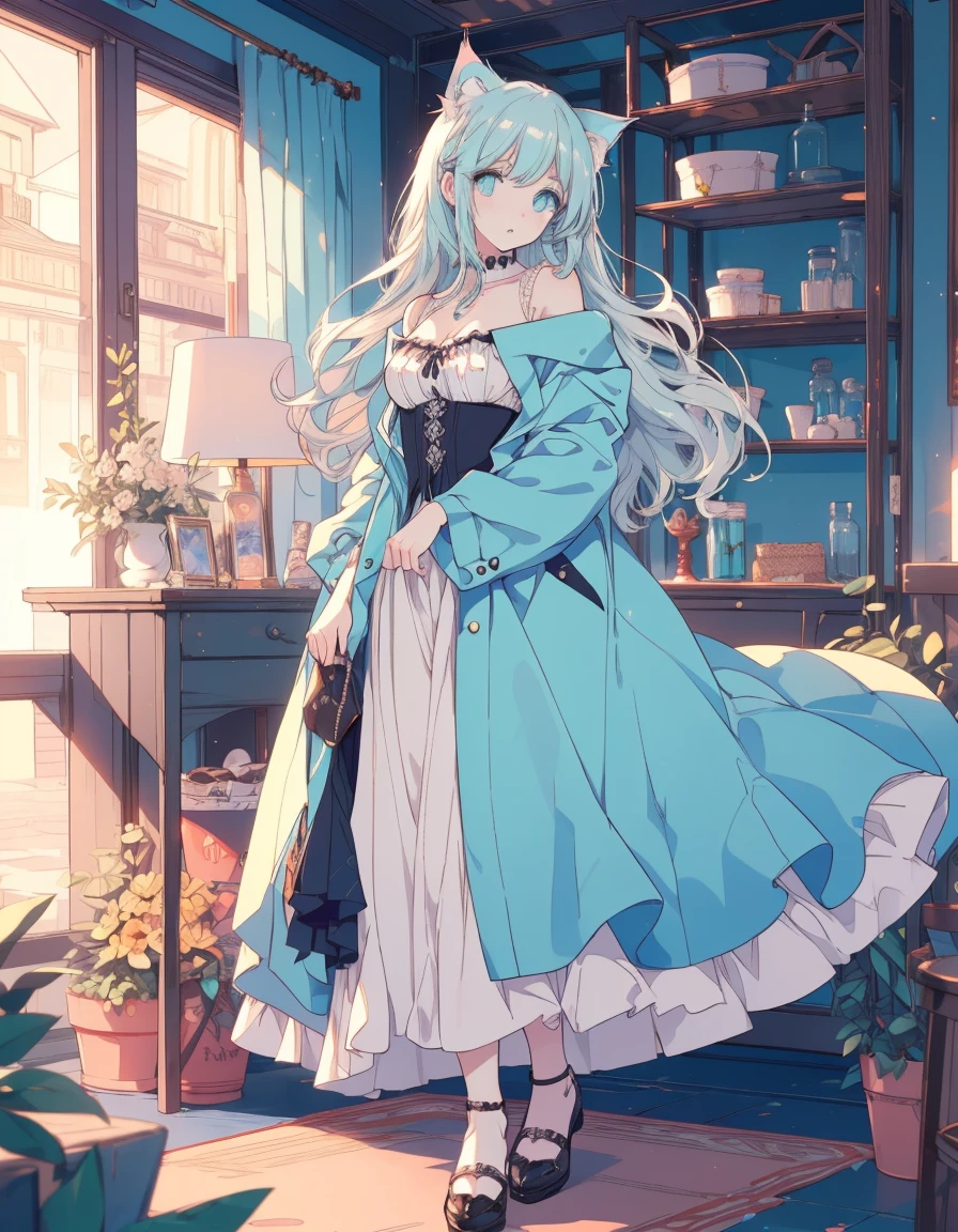 magician, magicians robe, full body, ((masterpiece, best quality:1.5)), ((Beautiful detailed cat aqua eyes:1.2)), cat ears, pale skin, medium breasts, beautiful hands, beautiful fingers, EasyNegative