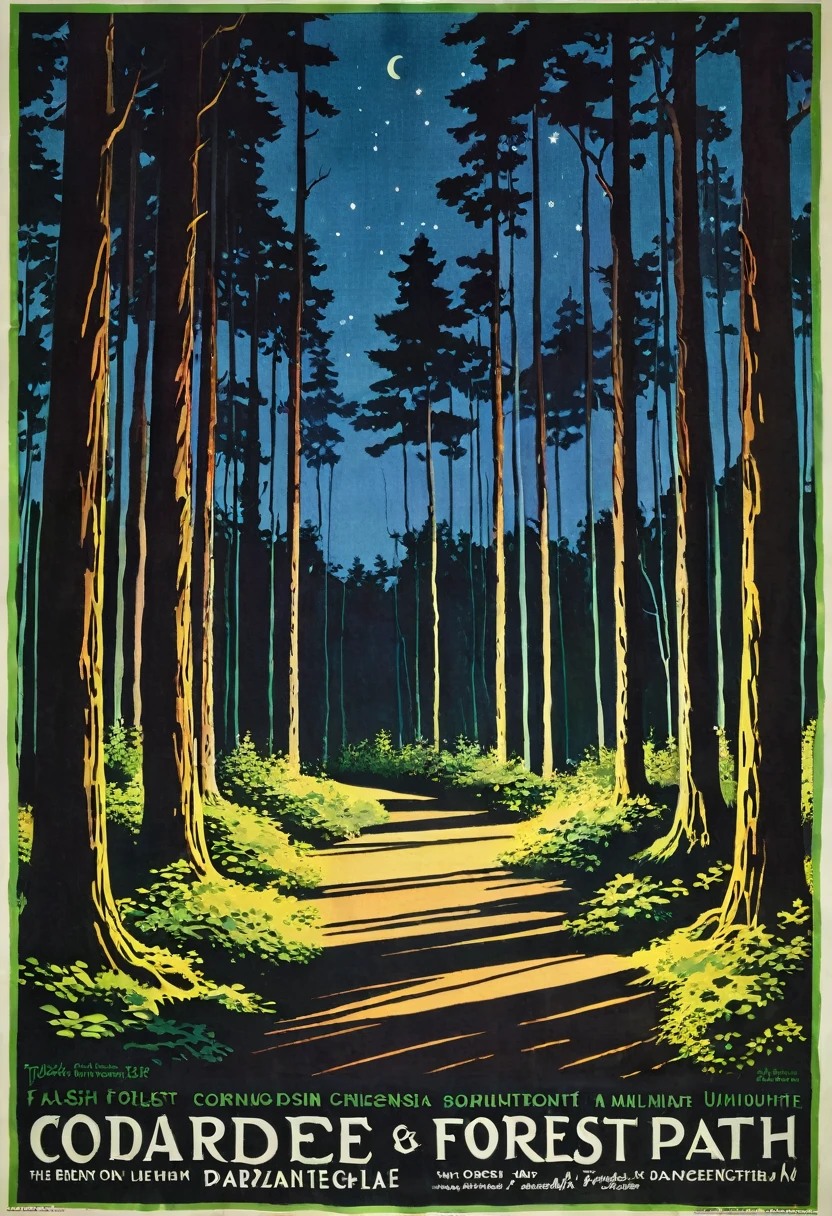poster for the open air "Flash" taking place in the forest, on the poster the forest at night, corridor to the dance floor, illuminated path, date 27.07