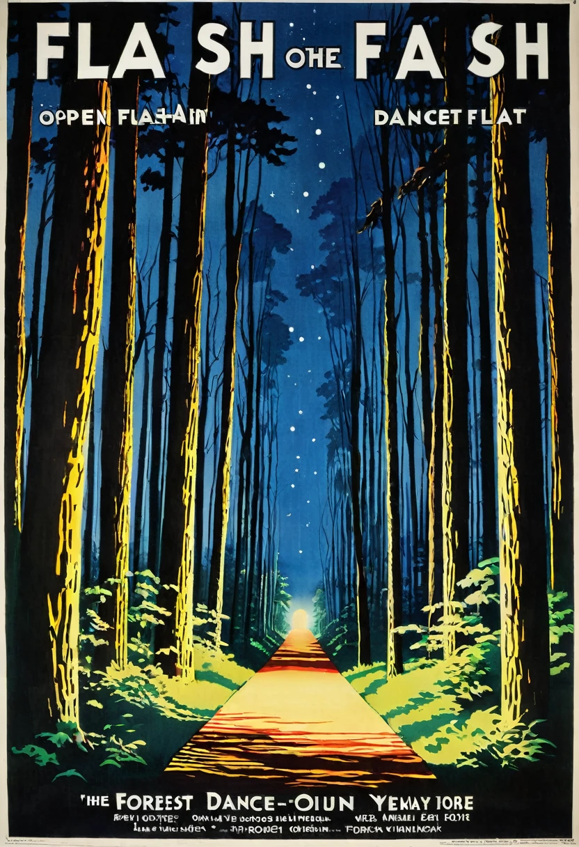 poster for the open air "Flash" taking place in the forest, on the poster the forest at night, corridor to the dance floor, illuminated path, date 27.07