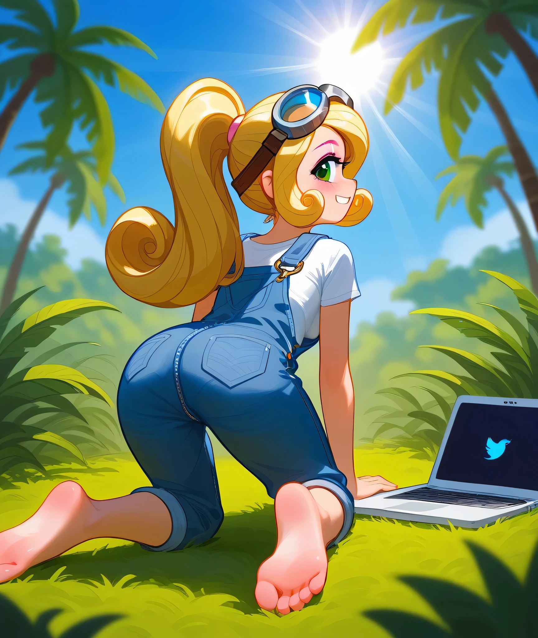 [Coco bandicoot], [Uploaded to e621.net; (Pixelsketcher), (wamudraws)], ((masterpiece)), ((HD)), ((solo portrait)), ((back view)), ((low angle view)), ((feet visible)), ((detailed fur)), ((detailed shading)), ((beautiful render art)), ((intricate details)), {anthro; orange fur, black nose, (cute green eyes), (short eyelashes), (pink eyeshadow), (long blonde curly hair), (curly ponytail), (curvy hips), (beautiful legs), (cute soft feet), (detailed furry soles), (blushing), (cute grin)}, {(white tee shirt), (denim overalls), (goggles on head)}, {(on ground), (all fours), (kneeling), (typing on laptop), (looking over shoulder), (looking at viewer)}, [background; (tropical forest), (grass plains), (blue sky), (sun rays), (ambient lighting)]