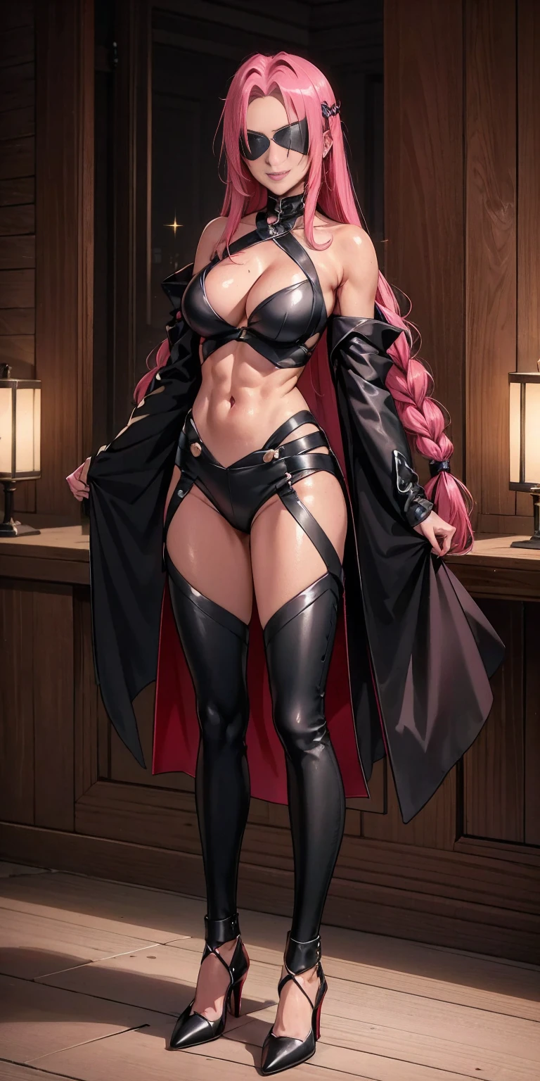 (masterpiece, HI quality: 1.1) 1girl full body standing good face, nice ass, hairstyle: braid, Color Hair: PINK long hair, Blindfolded: NO EYES, Skin: White (porcelain skin, sparkly skin), muscular, thighs, Mature woman, Abs, looks at the viewer smiling, extremely huge breasts, maternal, chest cover with clothes (Hell knight ingrid (anime style) Demon Knight Ingrid (OVA))