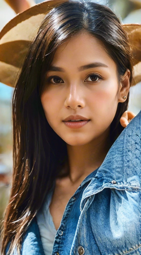 Create a close-up 4K realistic photo of a beautiful Indonesian woman wearing a denim shirt. She should have a warm and inviting expression, capturing the details of her features and the texture of the denim fabric. The background should be softly blurred to keep the focus on her face and attire.