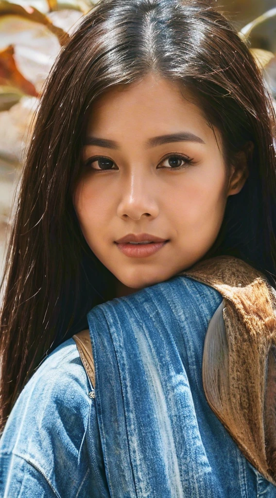 Create a close-up 4K realistic photo of a beautiful Indonesian woman wearing a denim shirt. She should have a warm and inviting expression, capturing the details of her features and the texture of the denim fabric. The background should be softly blurred to keep the focus on her face and attire.