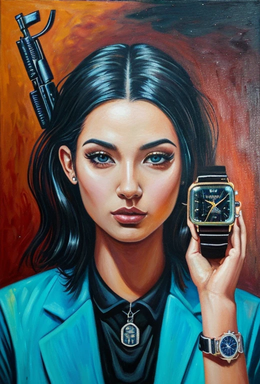 painting of a man with a gun and a watch in the background, arte lowbrow, surreal paintingista, surrealista lowbrow, epic surrealism oil painting 8k, vulgar surrealism, 4 k surrealism, arte lowbrow style, highly detailed surrealist art, surreal oil painting, pop surrealism arte lowbrow style, surreal painting, surreal paintingista, pj bandit, Salvador Dalli style