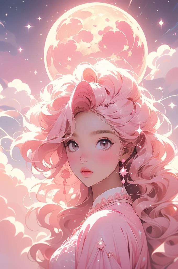 a pink moon in the sky with clouds and stars, pink moon, ☁🌪🌙👩🏾, giant pink full moon, ✨🕌🌙, heaven pink, pink skies, beautiful as the moon, pink clouds, the sky is pink, moon in the sky, ❤🔥🍄🌪, pink sky, dreamy ethereal vibe